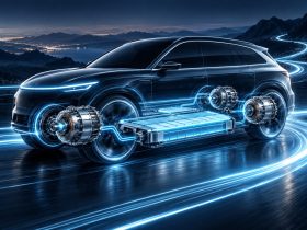 AMG GT SUV 신기술 소식을 위한 고성능 전기 SUV와 모터·배터리 개념 일러스트. AI 생성 이미지이며 실제 차량 디자인이나 구조도가 아닙니다.