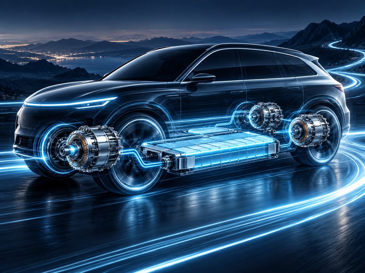 AMG GT SUV 신기술 소식을 위한 고성능 전기 SUV와 모터·배터리 개념 일러스트. AI 생성 이미지이며 실제 차량 디자인이나 구조도가 아닙니다.