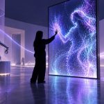 AI 화면과 로봇을 만나는 관람객을 표현한 개념 일러스트