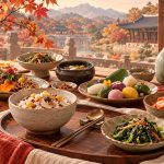 한국의 음식문화와 제철 밥상을 표현한 AI 생성 한식 일러스트