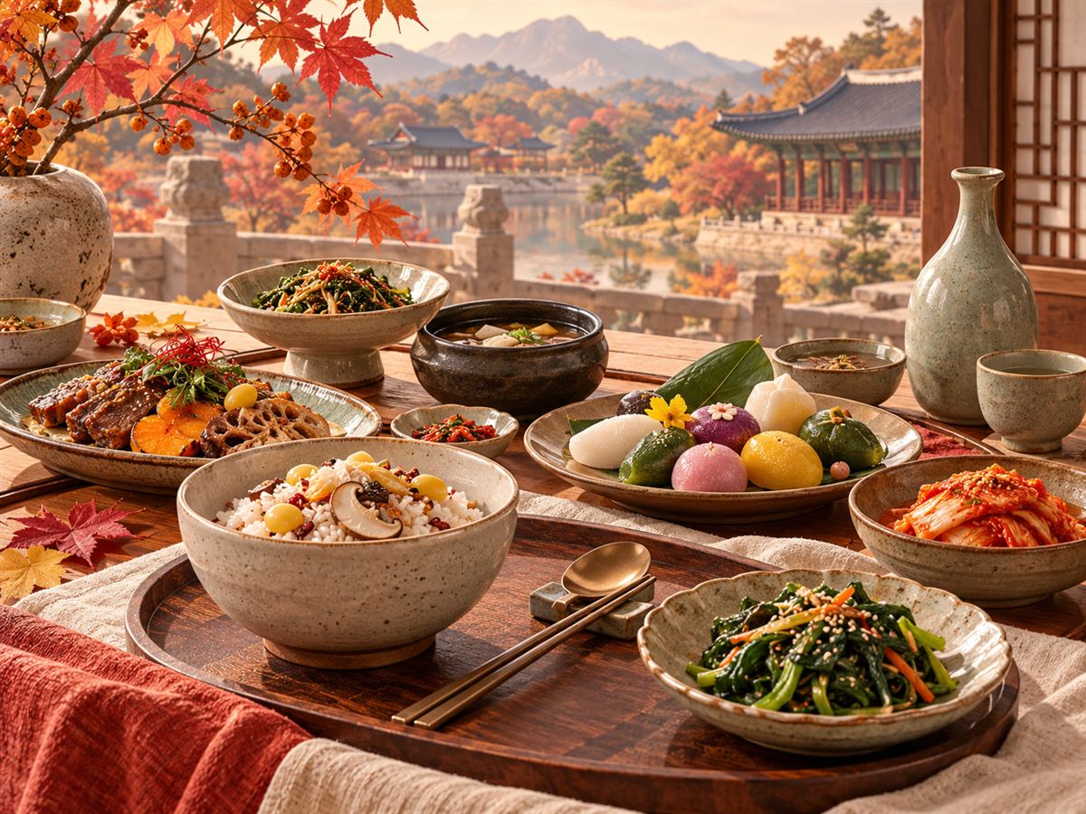 한국의 음식문화와 제철 밥상을 표현한 AI 생성 한식 일러스트