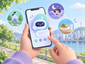 스마트폰 챗봇과 걷기·수면·식사 정보를 표현한 AI 개념 일러스트