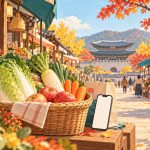 전통시장 장보기와 가을 문화 나들이를 표현한 AI 일러스트
