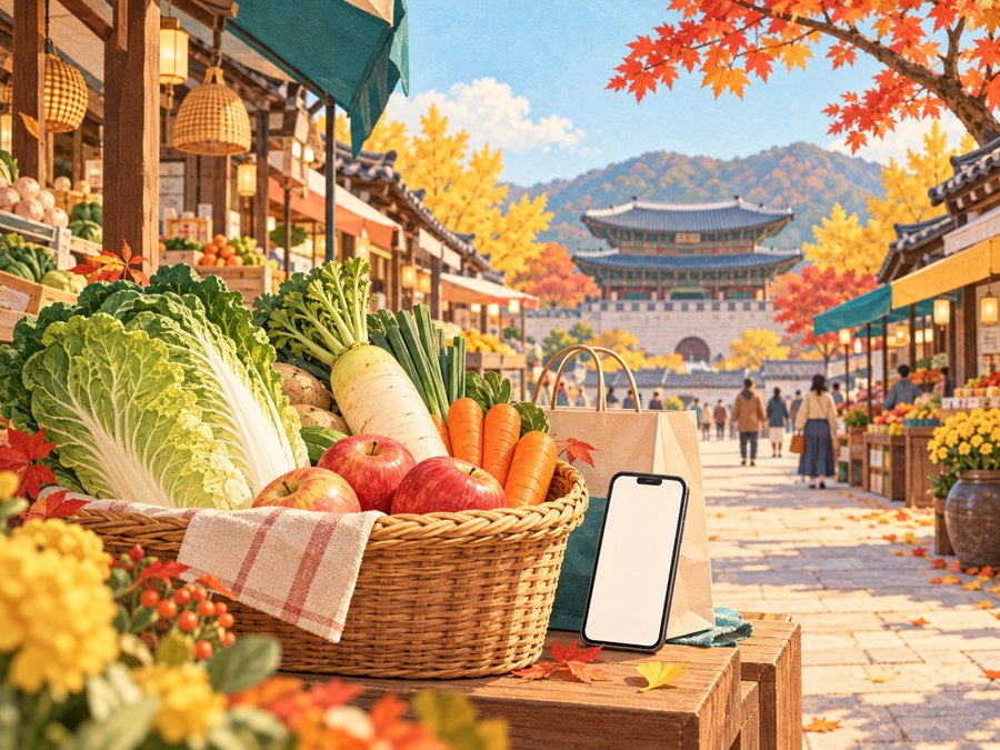 전통시장 장보기와 가을 문화 나들이를 표현한 AI 일러스트