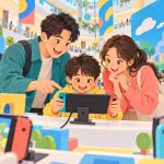 쇼핑몰에서 가족이 게임기를 체험하는 모습을 표현한 AI 일러스트