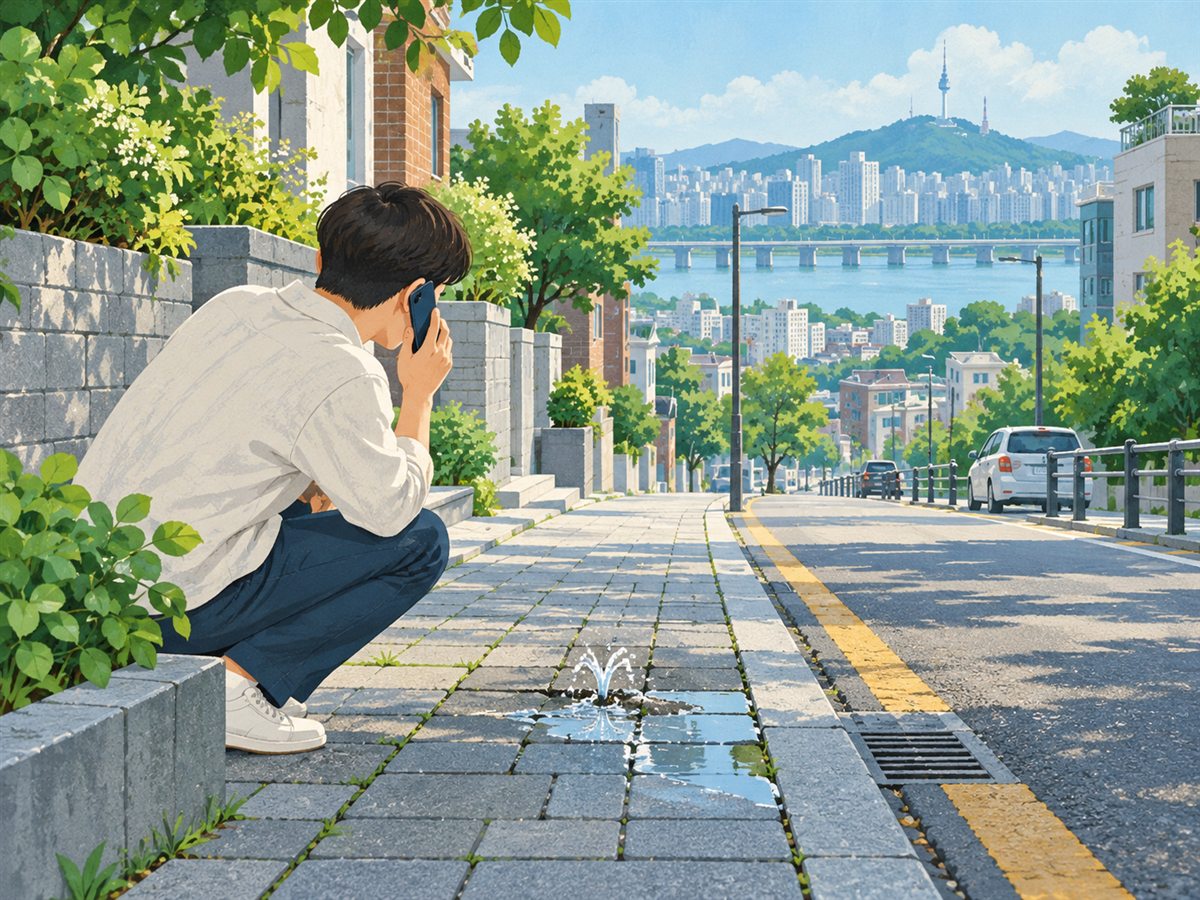 서울의 상수도 누수 신고 상황을 설명하는 AI 생성 일러스트이며 실제 현장 사진은 아님